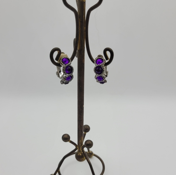 Vintage Deep Purple and Silver Tone Half Hook Clip On Earrings - Picture 2 of 8